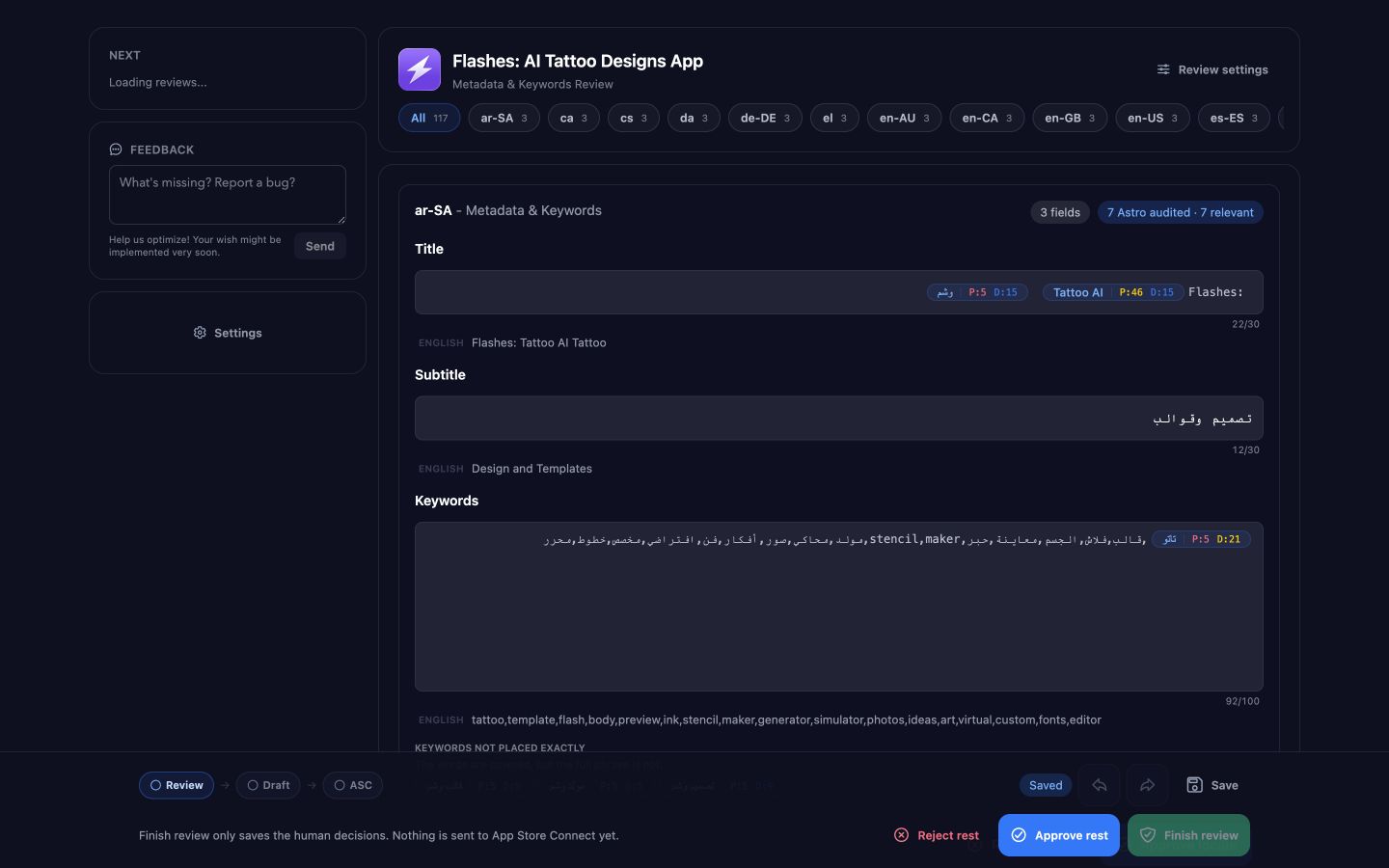 LocalizeASO metadata and keyword review across App Store locales